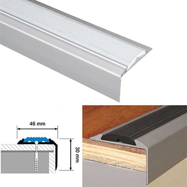 Aluminium Silver Stair Nosing For Tread Edges with Anti-Slip Rubber Insert